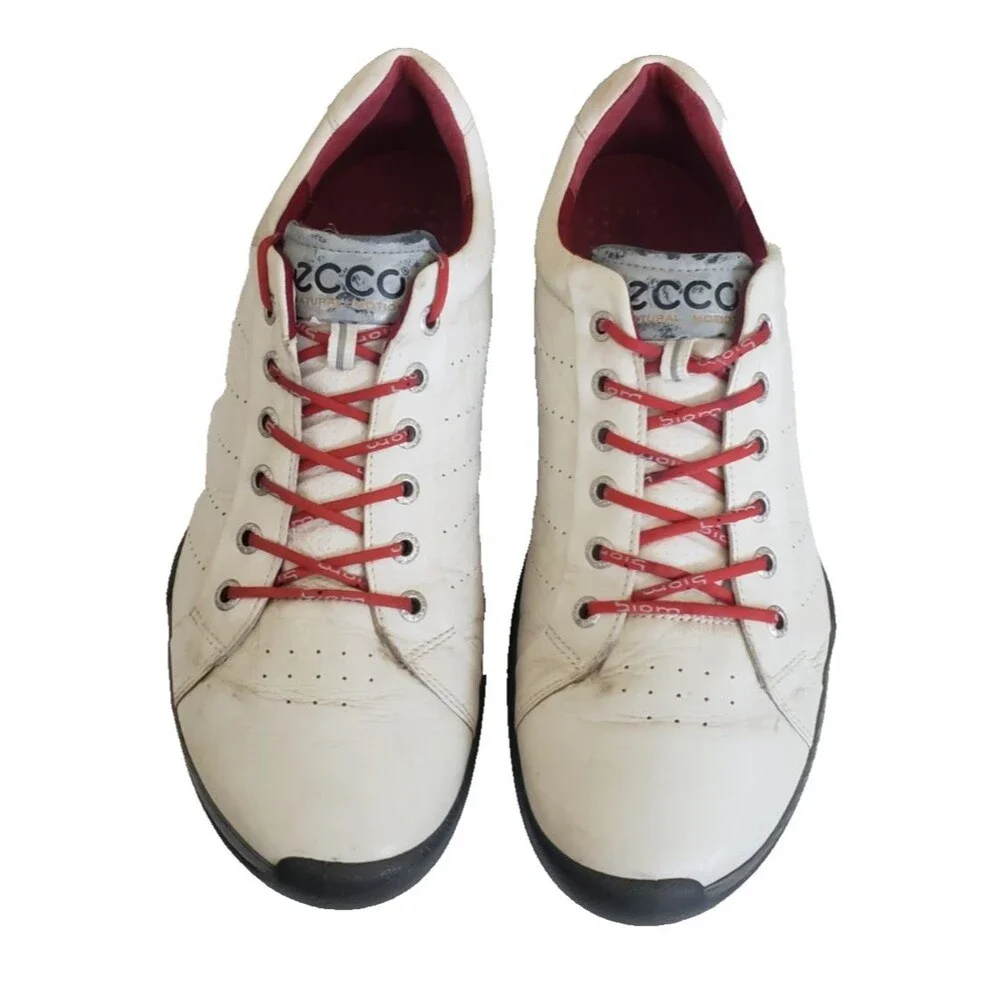 ECCO Biom Hybrid Golf Shoes Mens SZ 10.5 White Red Yak Leather Spikeless Natural